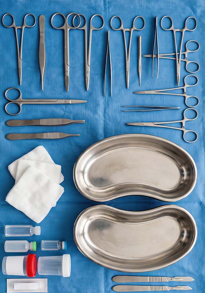 Sterile instruments, kidney dishes and pack components laid out for a Vitalex pack review